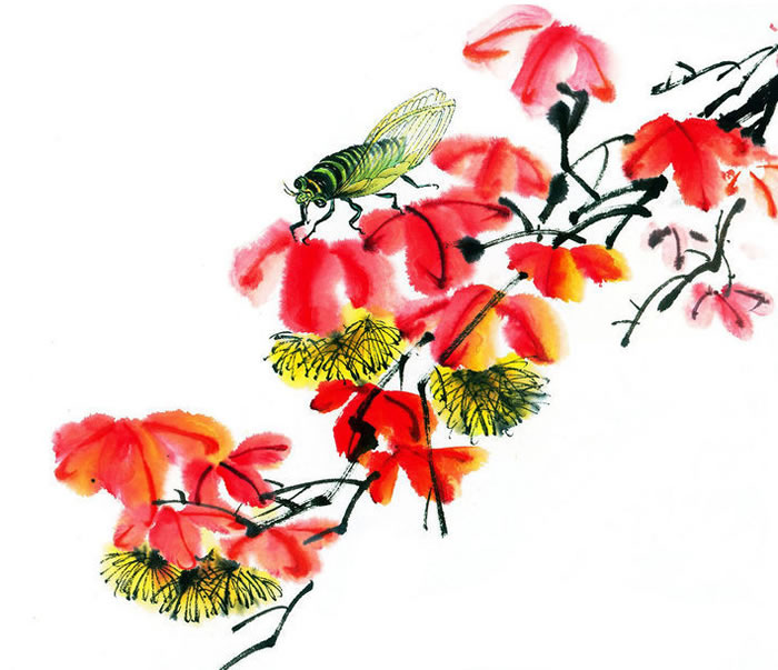 红花枝头艳蜜蜂采蜜忙,水墨画图片素材